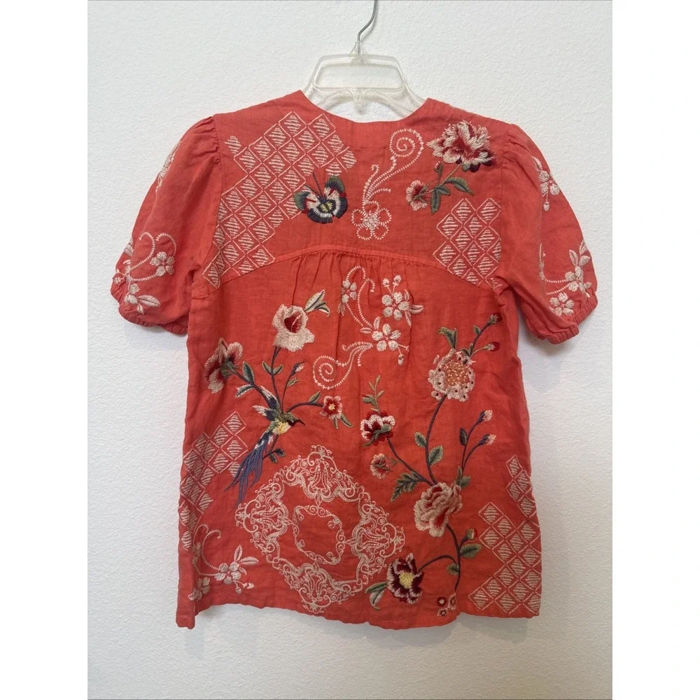 Johnny Was Jailyn Coral Orange Embroidered Linen Blouse V-Neck Top XS J11322-4
